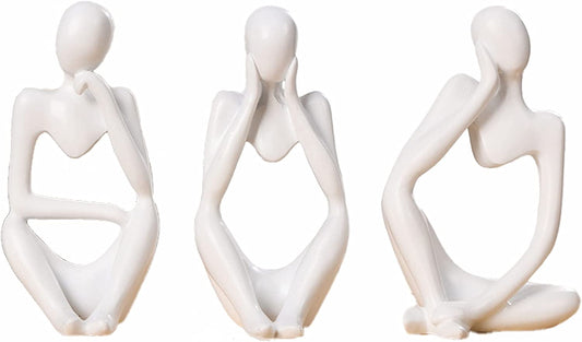 3 Piece the Thinker Statue Abstract Sculpture Bookshelf Decor White Resin Thinker Sculpture for Home Office Desk Desktop Living Room Decor Collection Cute Accent Figurine